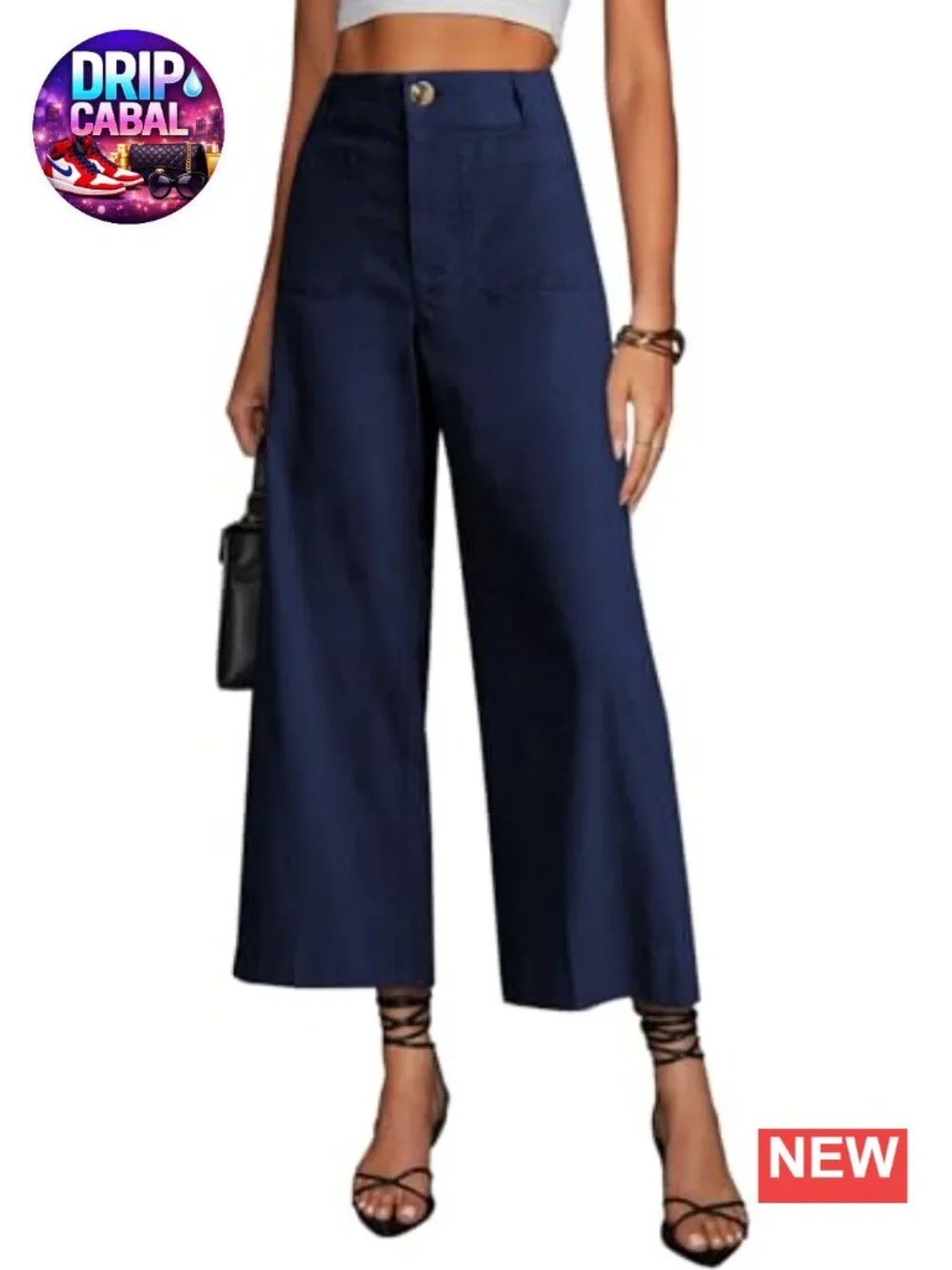 Womens High Waisted Cropped Wide Leg Pants Stretchy Trousers with Pockets